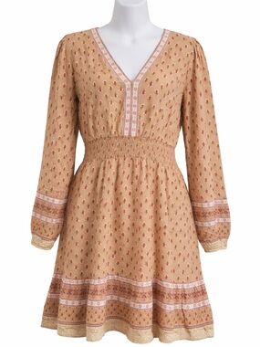 Boho Floral Mini Dress Size Large 100% Rayon V-Neck Smocked Cottage Core NWT